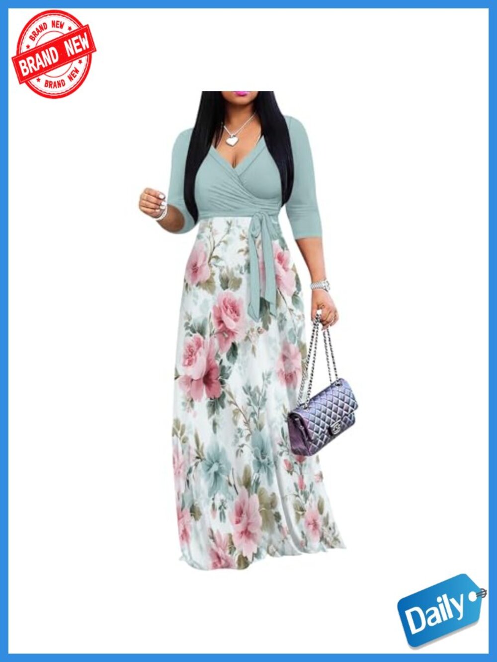 Plus Size Maxi Dress V-Neck 3/4 Sleeve Boho Printed with Pockets